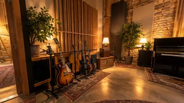 Gitarren am Ständer vor einer Holzwand im Aufnahmeraum (mit AI erstelltes Bild)