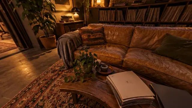 Ledersofa mit aufgeschlagenen Büchern auf dem Couchtisch (mit AI erstelltes Bild)