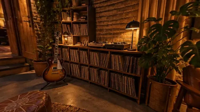 Plattenregal mit zwei Plattenspielern, Lampe und E-Gitarre (mit AI erstelltes Bild)