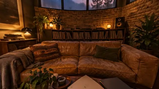 Lounge mit Ledersofa, Plattenregal und Backsteinwand (mit AI erstelltes Bild)
