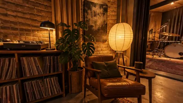 Sessel, Plattenspieler und Papierlampe in der Lounge (mit AI erstelltes Bild)