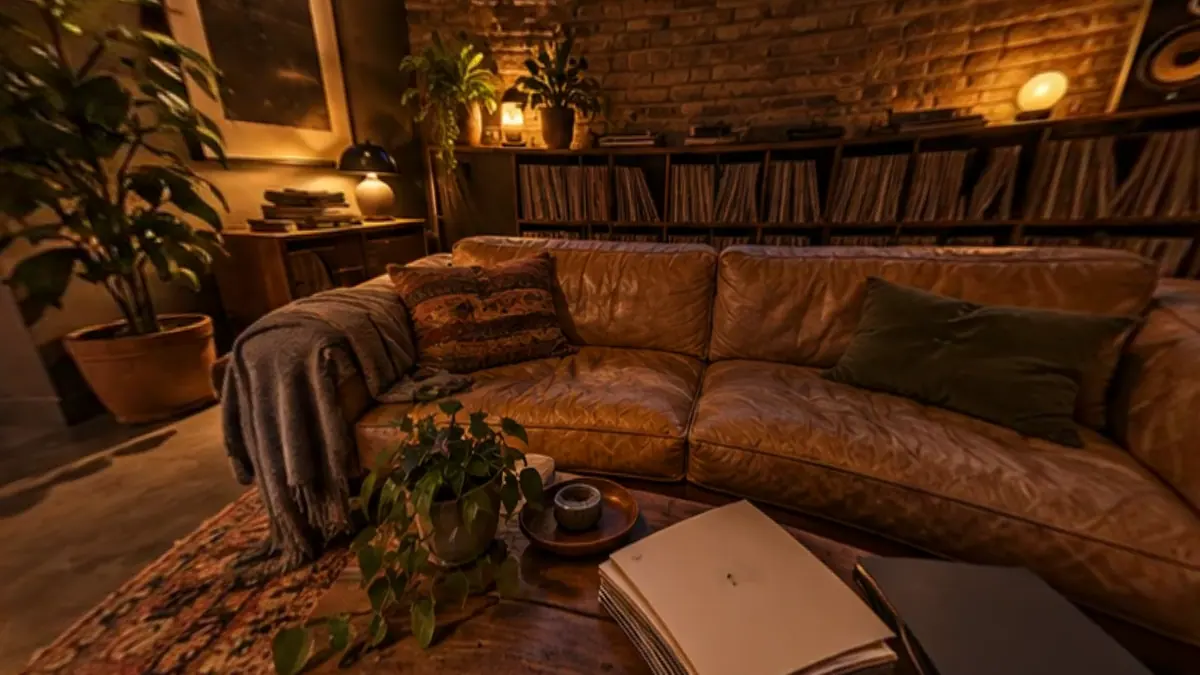 Lounge mit Plattenregalen, E-Gitarre und Durchgang zur Regie (mit AI erstelltes Bild)