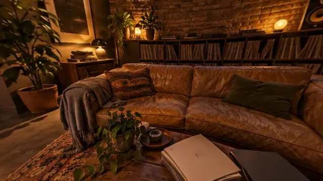 Lounge mit Plattenregalen, E-Gitarre und Durchgang zur Regie (mit AI erstelltes Bild)