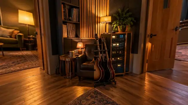 Geräteregal, Gitarren und Sessel im Flur der Regie (mit AI erstelltes Bild)